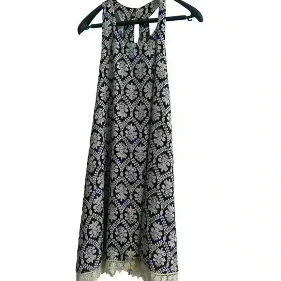 Buttons Women’s Racerback Sundress Size L Navy Cream Print Crocheted Hem Back - Picture 6 of 11